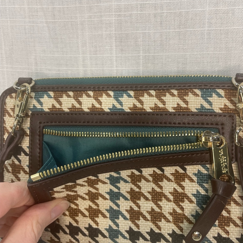 Spartina mini handbag crossbody leather linen wallet green brown houndstooth - Picture 11 of 14